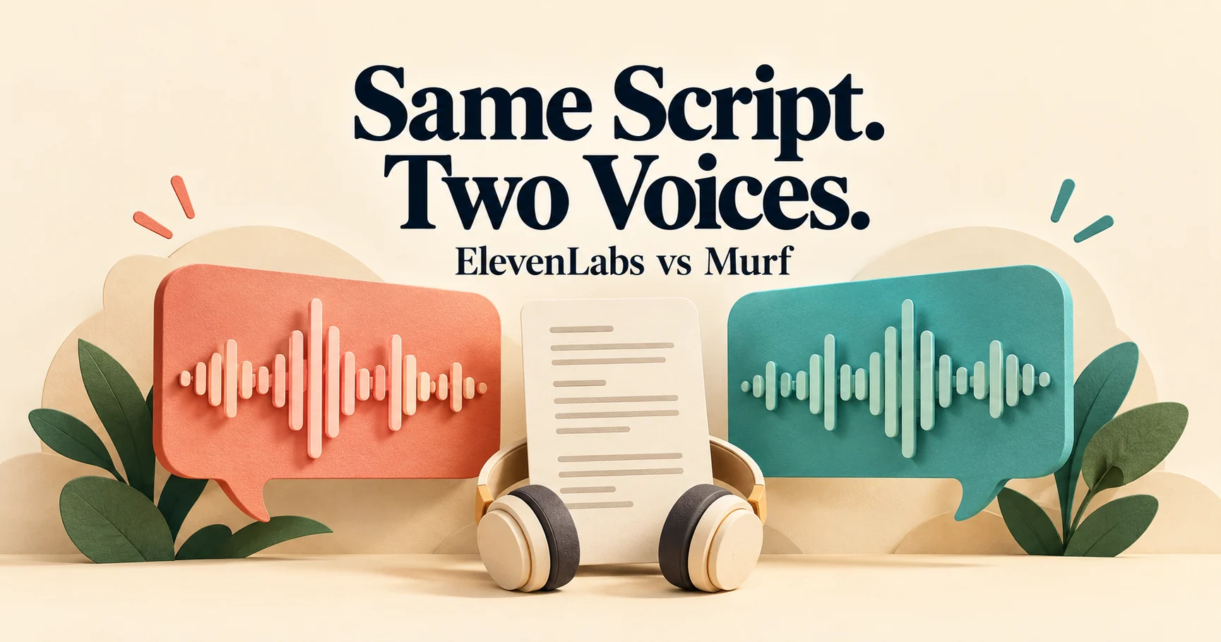 Two illustrated audio waveforms sharing a script and headphones; Same Script. Two Voices.