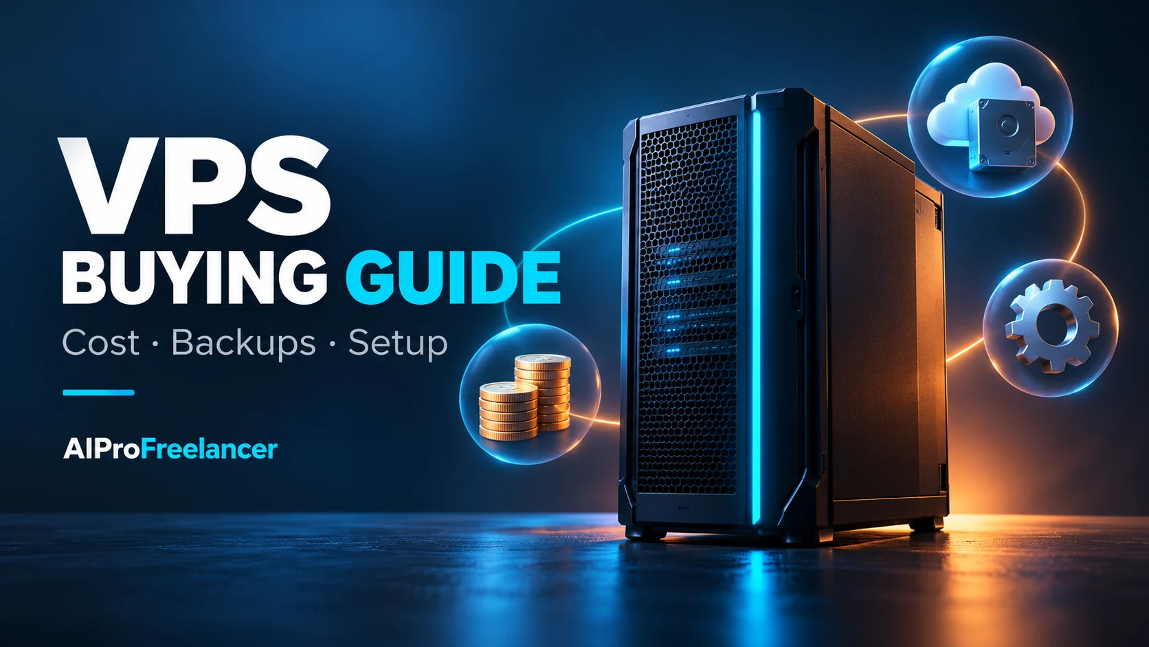 Illustrated server with cost, backup and setup symbols for a VPS buying guide